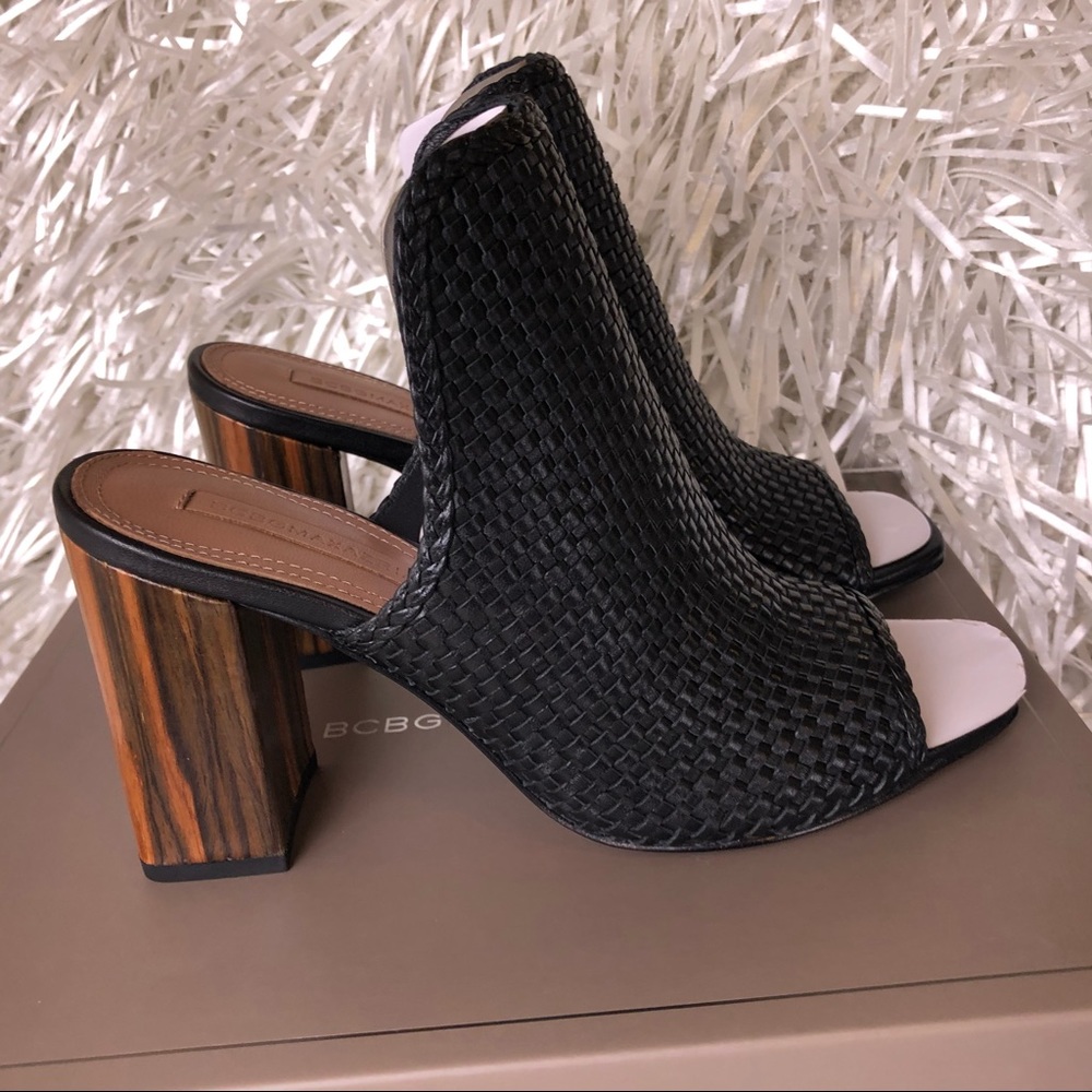 BCBG Woven Napa Black Leather Open Bootie Sandal